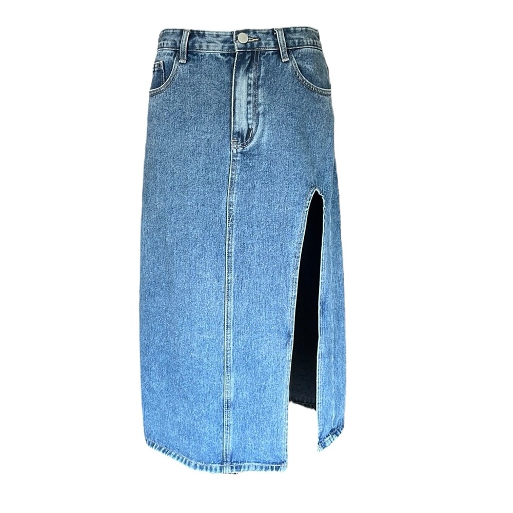 Cider Denim Solid Split Midi Skirt - image 8